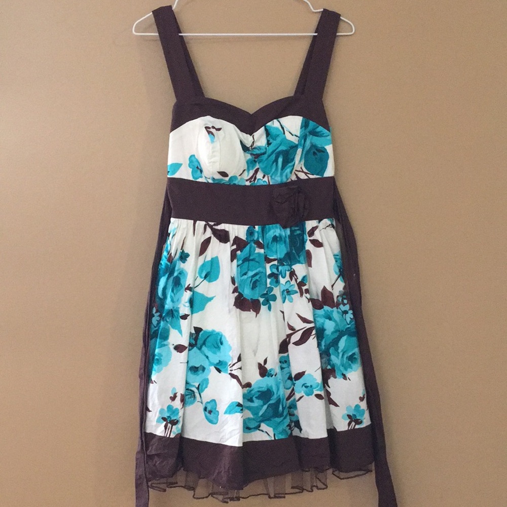 Cream, brown and blue dress